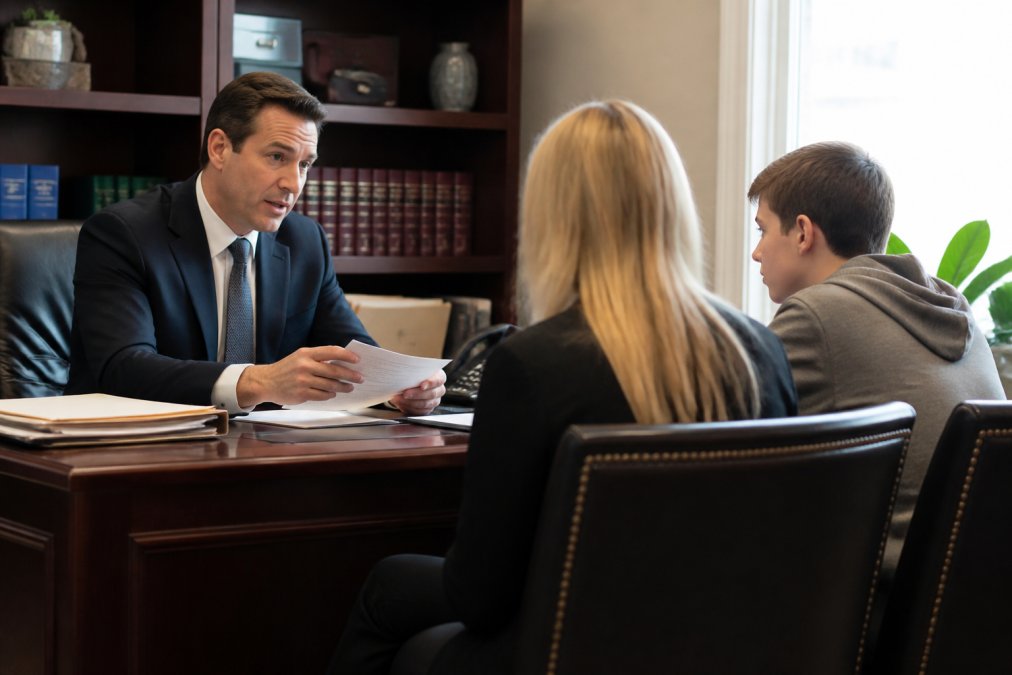 Parent and teenager discussing juvenile lawyer cost with an attorney in a sunlit office.
