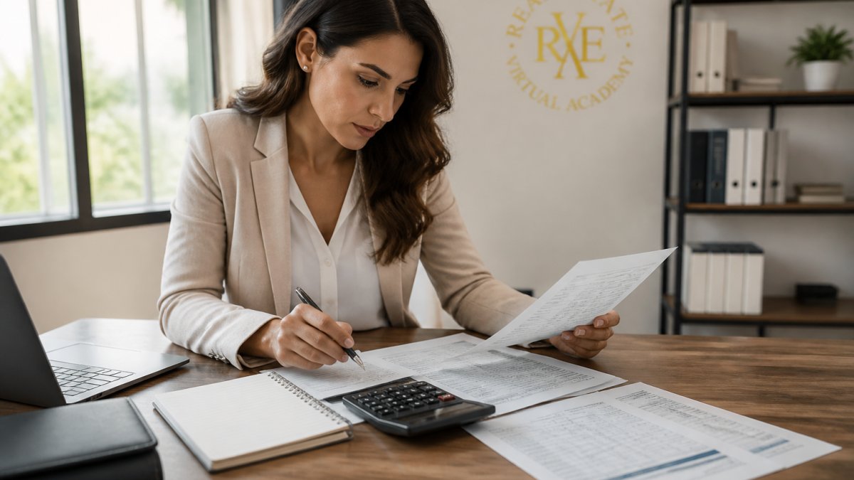Professional woman reviewing licensing paperwork and a cost breakdown at an office desk with a calculator