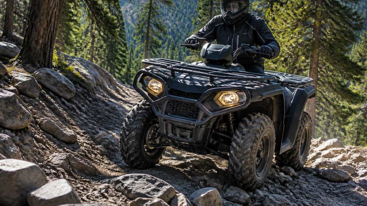 Rider navigating a rocky forest trail on a gas-powered ATV in the afternoon sunlight