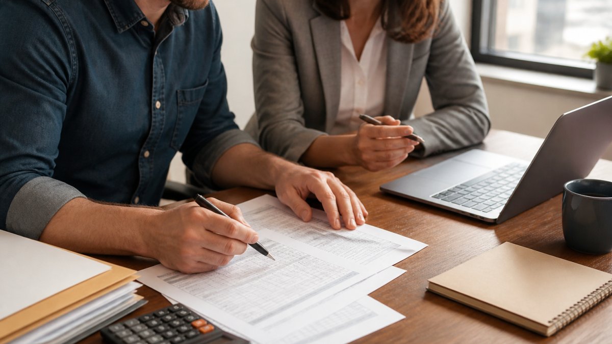 A small business owner and an HR consultant reviewing payroll paperwork and a laptop at a wooden desk in a bright office