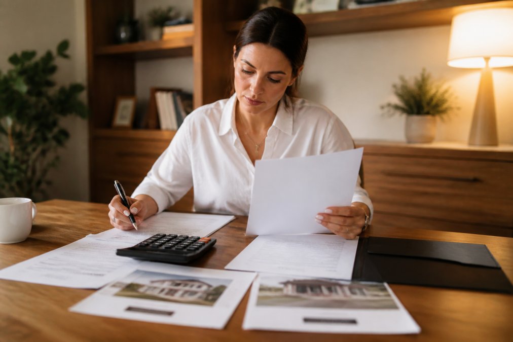Real estate agent reviewing contract documents and commission paperwork at a desk with a calculator, pen, and listing sheets under warm office lighting