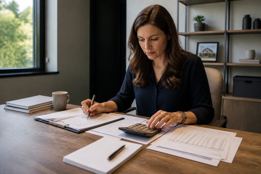 Professional real estate agent working at a laptop in a modern office, reviewing financial spreadsheets and transaction details with a calculator and notepad nearby