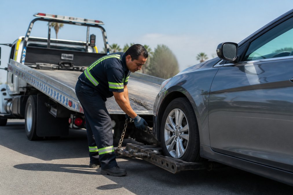 Professional tow truck operator performing hook-up on a sedan, showing equipment and proper technique in daylight with clear visibility of the vehicle and truck