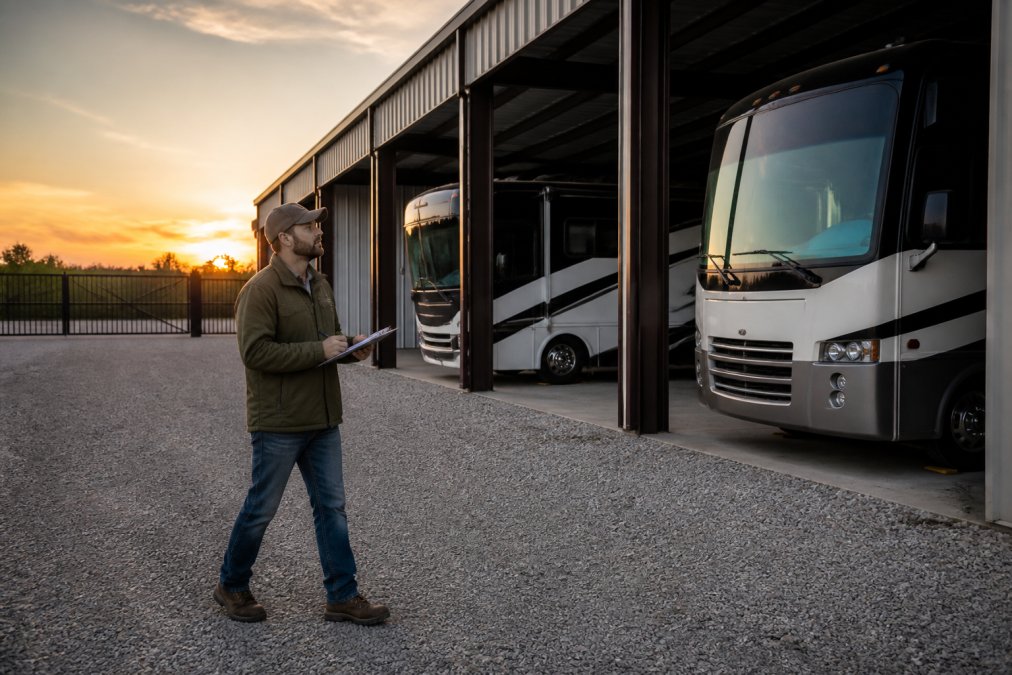 Person with a clipboard inspecting a secure lot to evaluate RV storage cost before booking a bay.