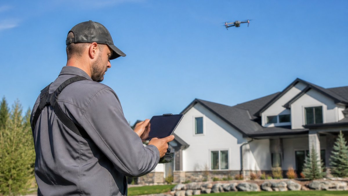 Professional drone pilot reviewing flight plan on tablet while standing near residential property with drone visible in background sky