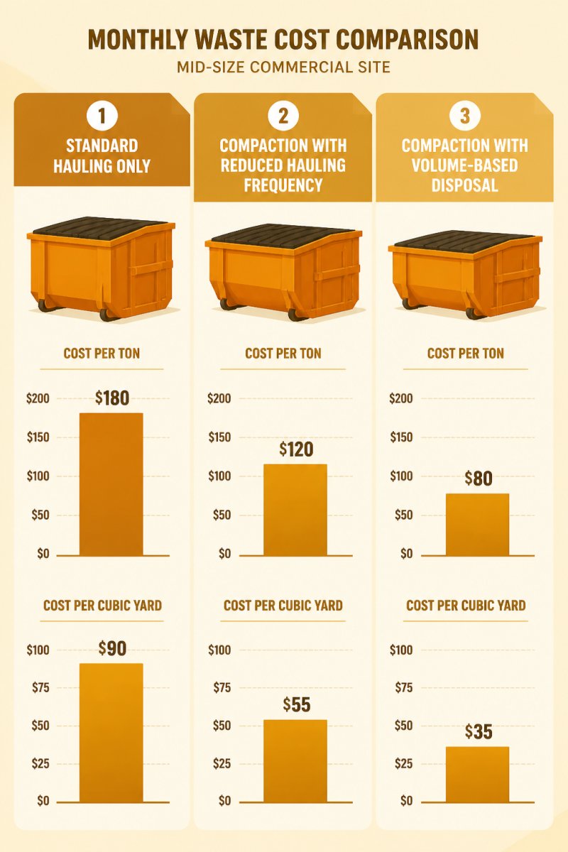 Bar chart comparing monthly waste costs across three scenarios for a mid-size commercial site: standard hauling only, compaction with reduced hauling frequency, and compaction with volume-based disposal, showing cost per ton and cost per cubic yard side by side