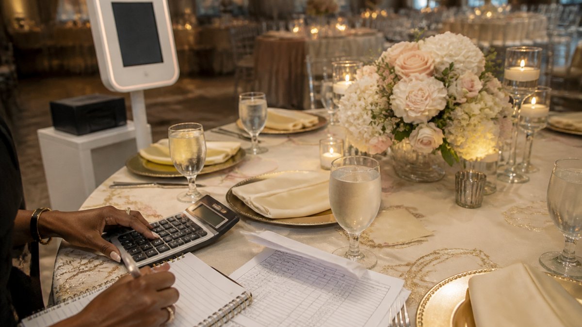 A well-decorated event reception table with floral centerpieces, charger plates, folded napkins, and elegant table linens in a warmly lit banquet hall