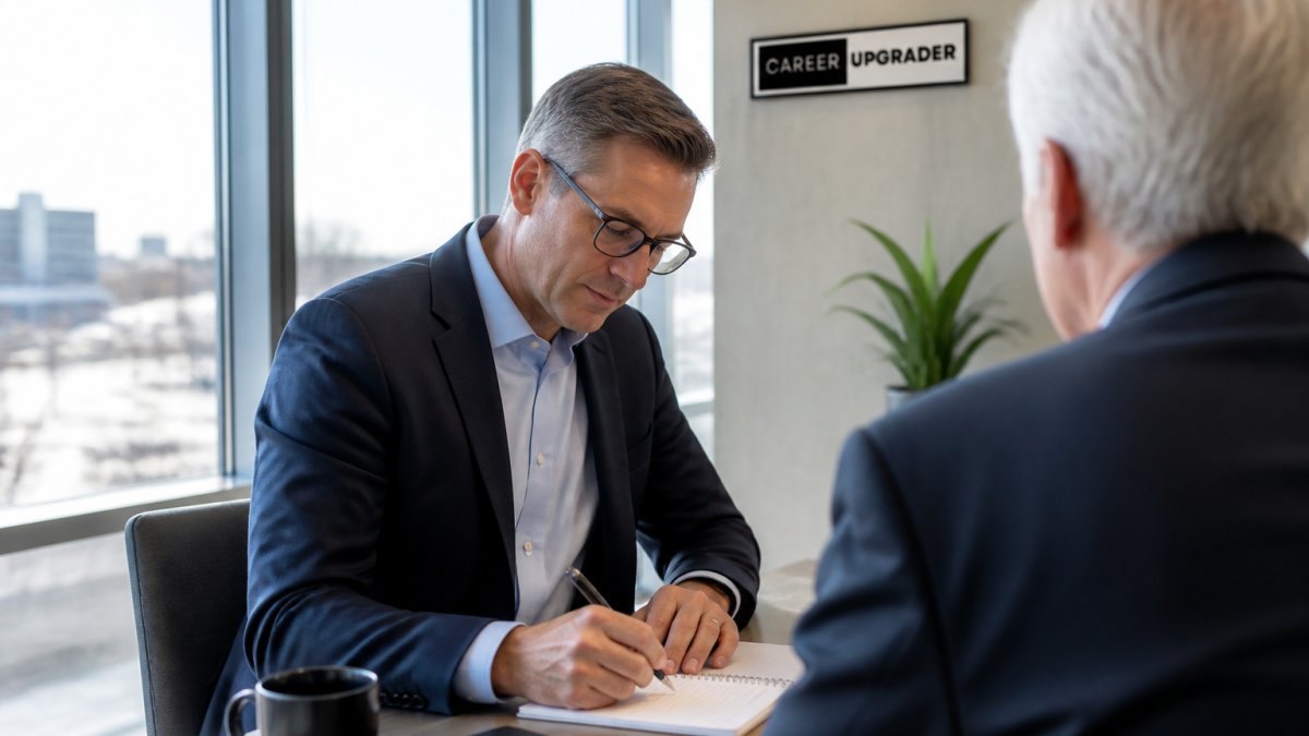 Executive professional in business suit taking detailed notes during a one-on-one coaching conversation in a bright modern office with floor-to-ceiling windows