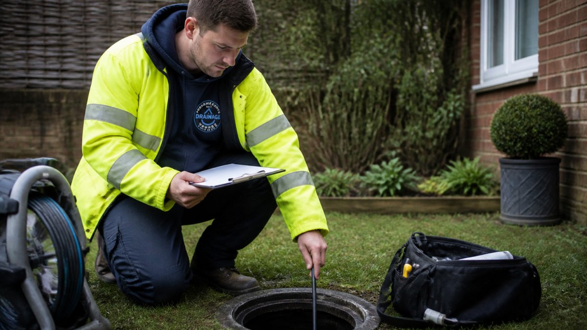 Professional drainage engineer in high-visibility uniform examining a drain opening with diagnostic equipment and clipboard during an on-site inspection in a residential garden