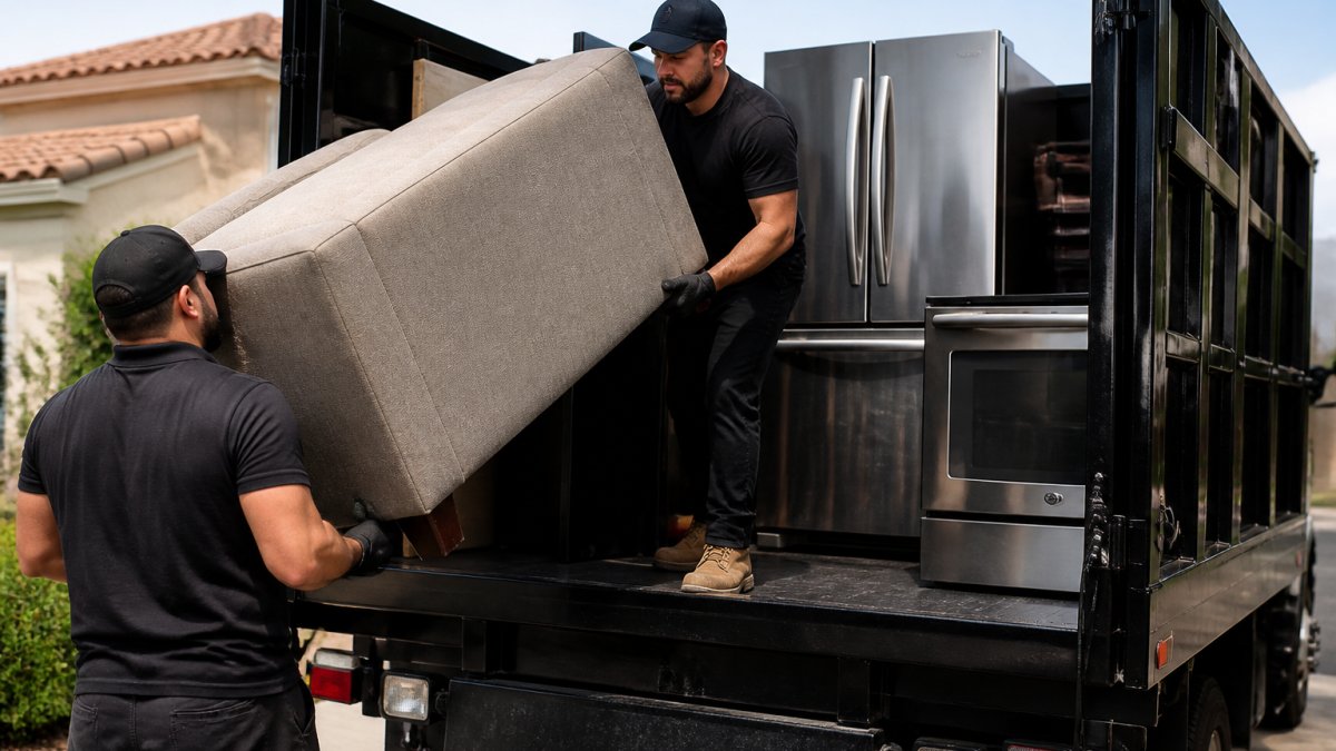 Professional junk removal crew loading large upholstered furniture and stainless steel appliances into truck bed, showing the physical labor and truck space required for bulky item hauling