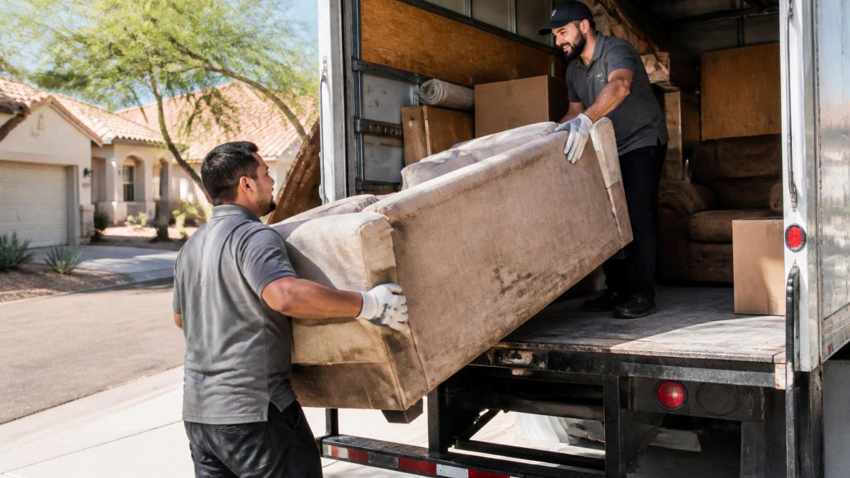 Two crew members loading a couch and boxes onto a truck to determine junk removal cost by volume