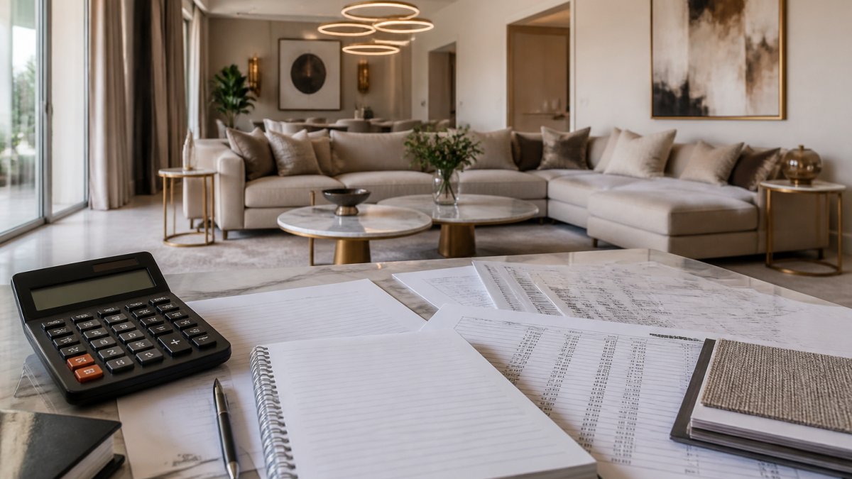 Elegantly furnished living room with a designer sofa, marble tables, and statement lighting in a neutral scheme.