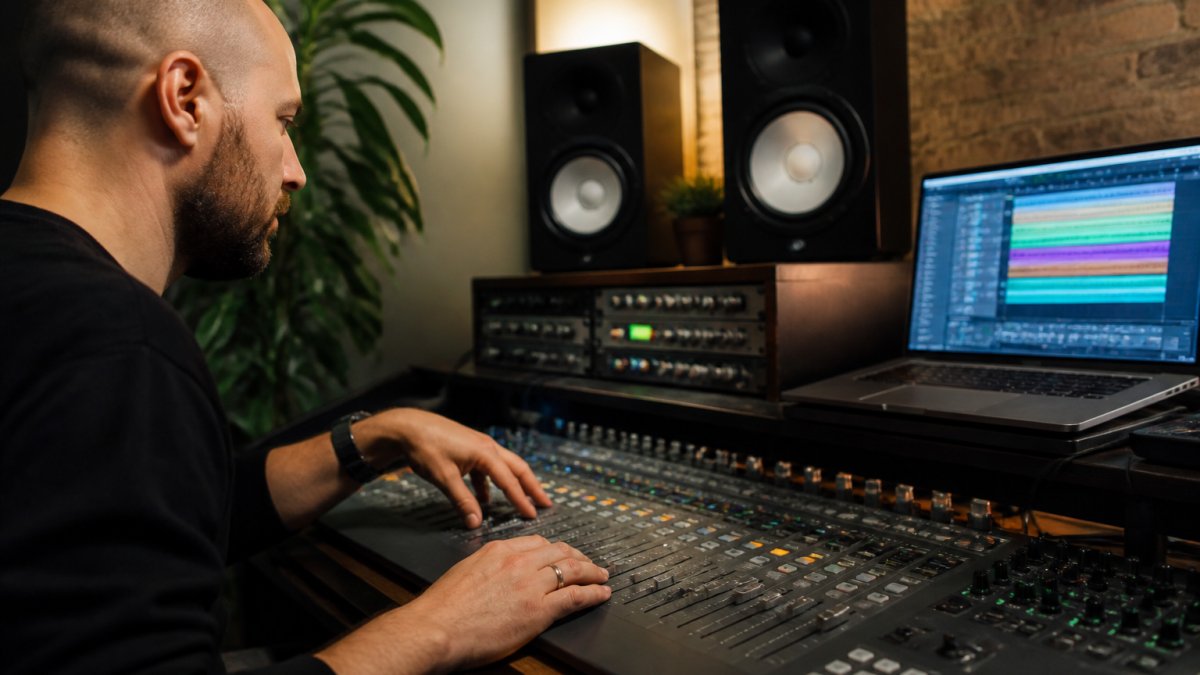 A mixing engineer at a home studio desk adjusting faders on a control surface, with a laptop screen showing a multitrack session and studio monitors in the foreground
