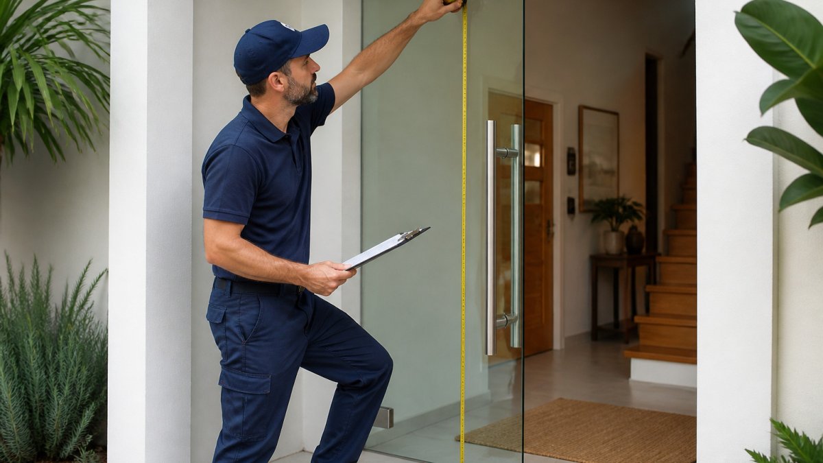 A professional glazier measuring a frameless glass door in a bright residential entryway with a tape measure.