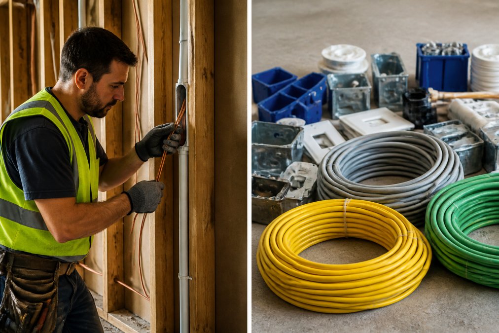 Licensed electrician in a yellow safety vest carefully pulling copper wiring through a white PVC conduit inside an open wall cavity, with exposed wooden studs and drywall visible in the background under bright work lighting