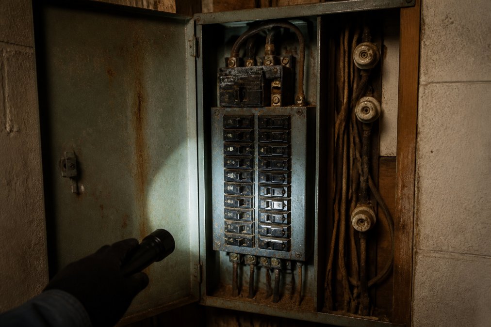 Close-up of an old residential electrical panel with rusted circuit breakers, faded labeling, and visible knob-and-tube wiring behind the open panel door, illuminated by a flashlight in a dim utility room