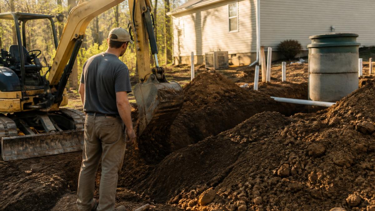 Professional excavation crew operating heavy equipment on residential property with exposed soil and site preparation for septic installation, morning sunlight