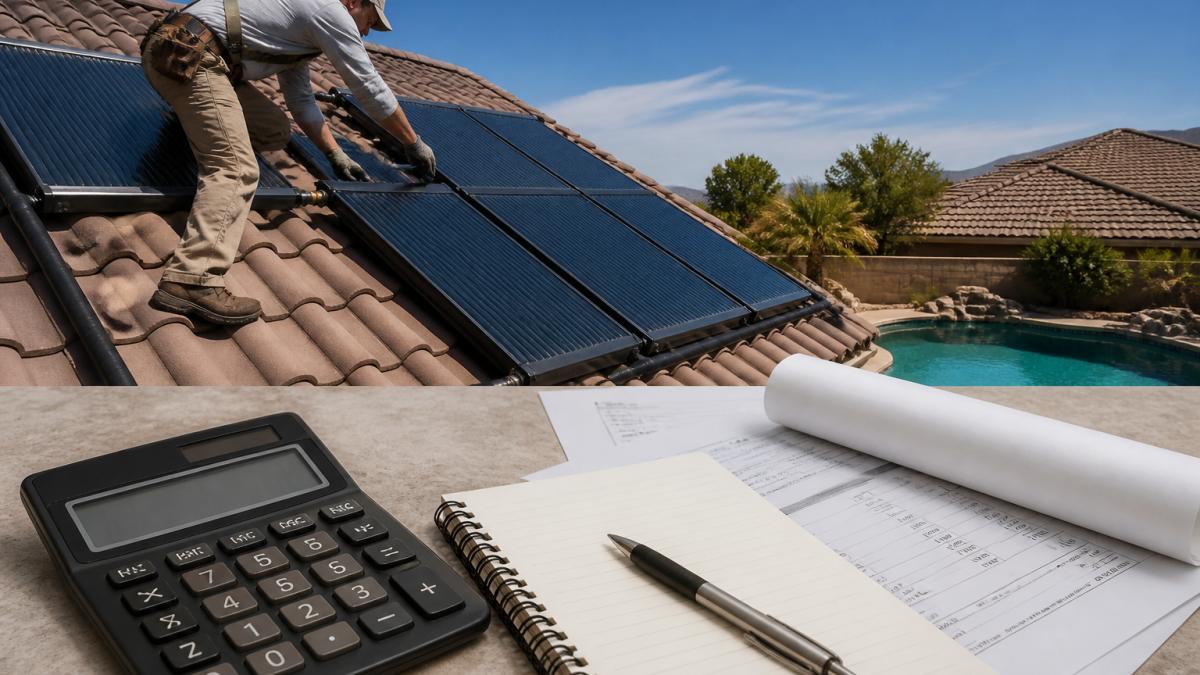 Technician installing solar pool heating panels on a roof above a backyard swimming pool