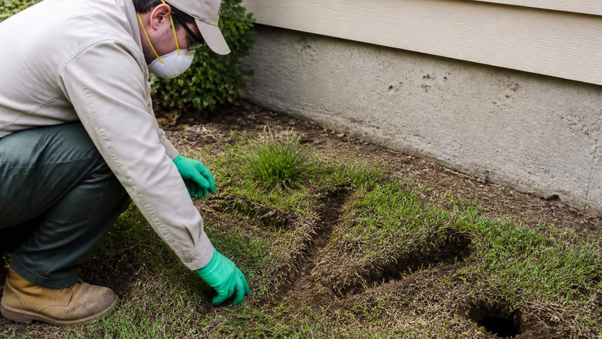 Professional pest control technician in eco-friendly protective gear examining lawn damage and vole burrows near residential property foundation, crouching to inspect tunnel network in soil