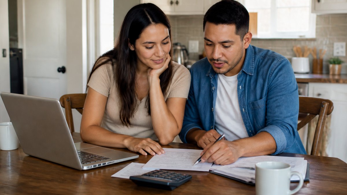 A young couple sitting at a kitchen table reviewing mortgage paperwork with a laptop open, calculator, and coffee mugs, looking hopeful and focused