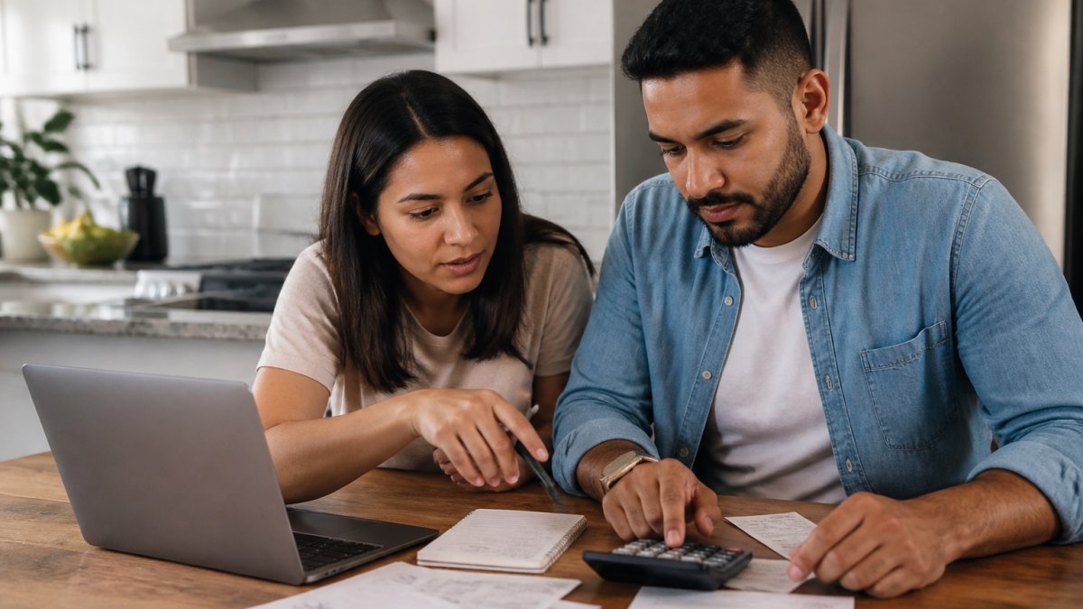 A couple sitting at a kitchen table with a laptop, calculator, and paperwork, reviewing home affordability numbers together
