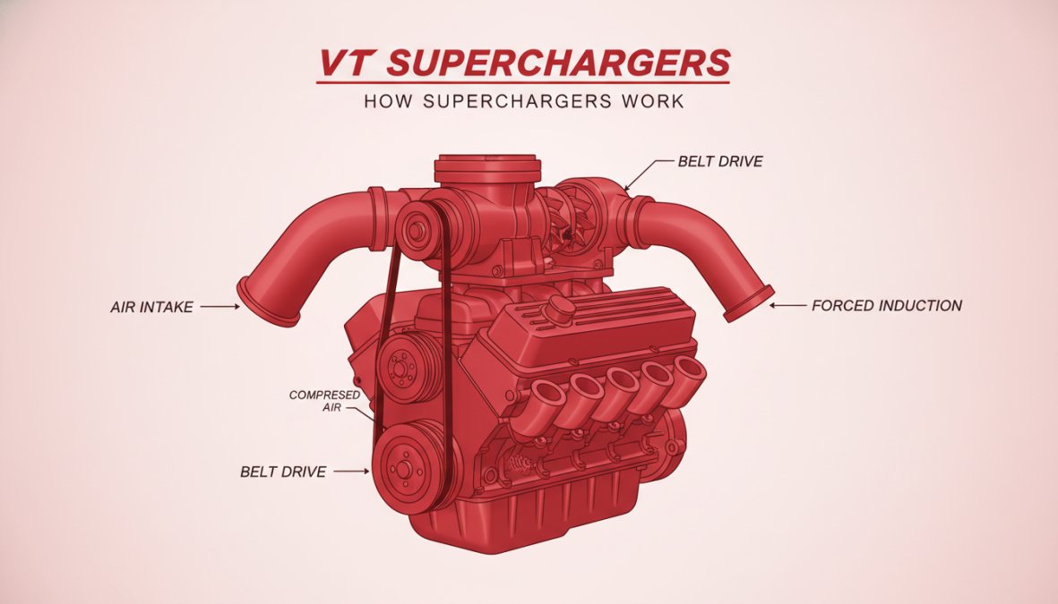 Close-up of a polished belt-driven supercharger mounted on an internal combustion engine block, showing the serpentine belt connection and intake manifold runners with visible air compression chamber