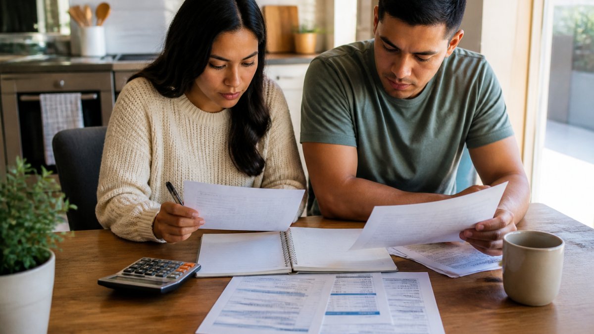 First-time homebuyer couple reviewing mortgage documents and budget spreadsheet at kitchen table with calculator, notebook, and mortgage rate sheets in natural afternoon light