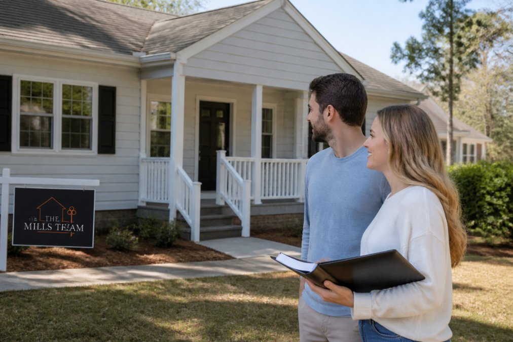 A young couple smiles while holding paperwork outside a home they can afford on a $70,000 salary in the suburbs.