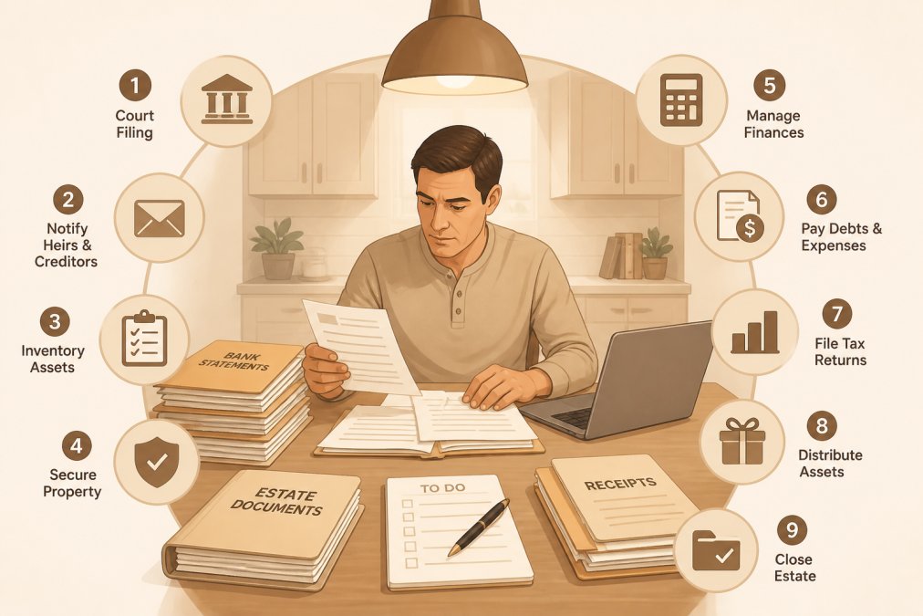 An adult child sitting at a kitchen table surrounded by stacks of paperwork, manila folders, and an open laptop, looking focused while reviewing documents from a parent's estate under warm overhead lighting