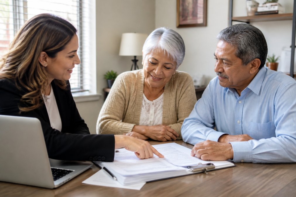 A friendly insurance agent sitting at a desk with an older couple, pointing to a stack of paperwork and a laptop screen, warm natural light in a small local office