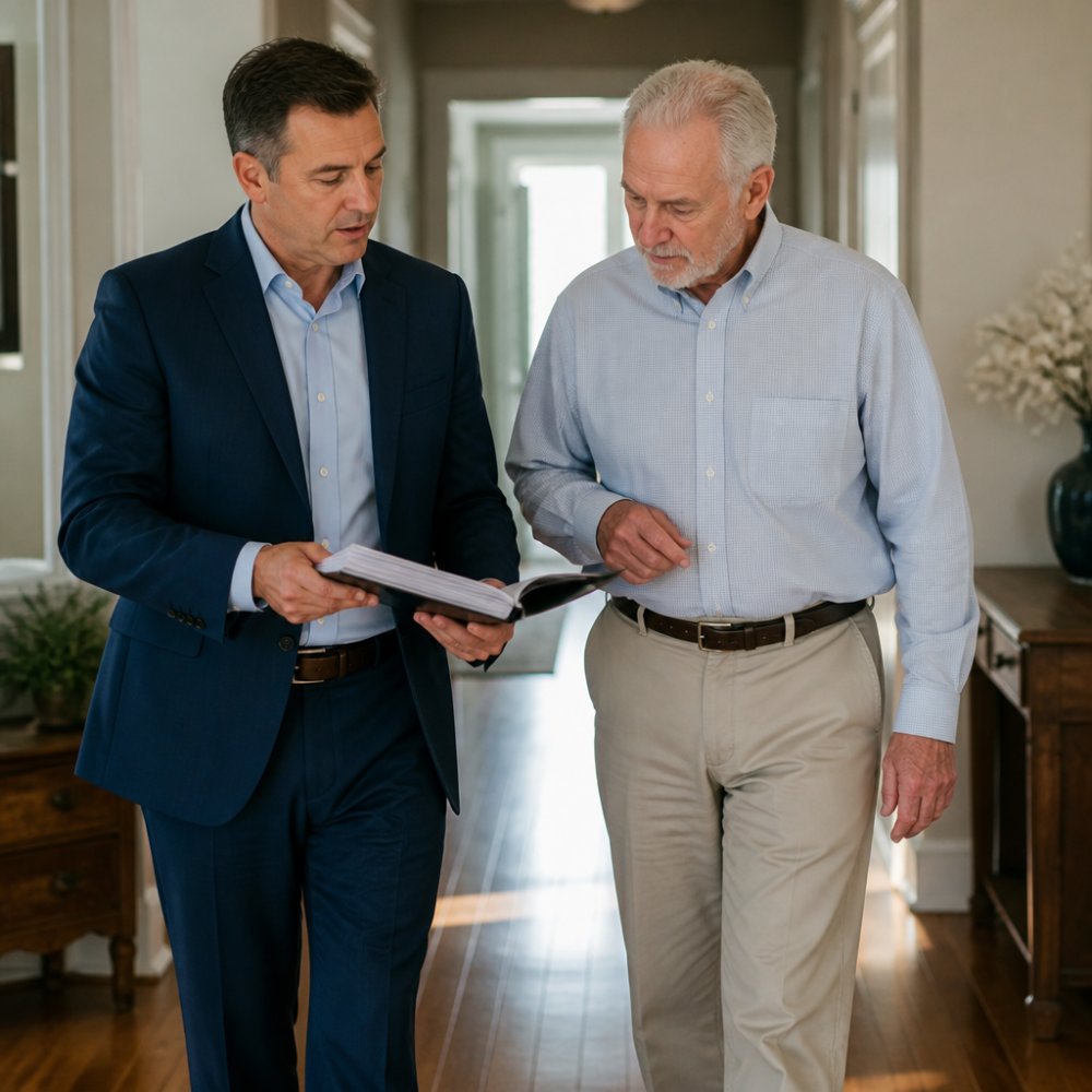 Financial advisor reviewing a life insurance policy worth with a senior client at a desk
