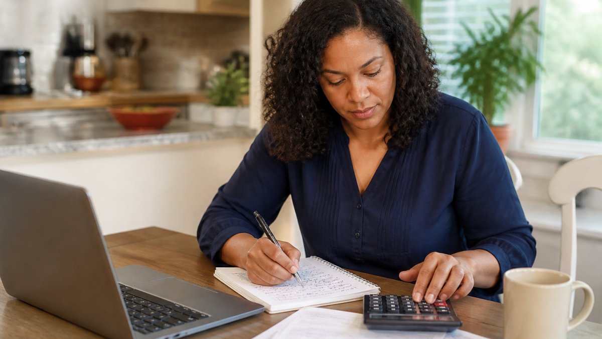 A parent at a kitchen table with a laptop, a notepad of household expenses, and a calculator, reviewing family budget figures in warm natural light