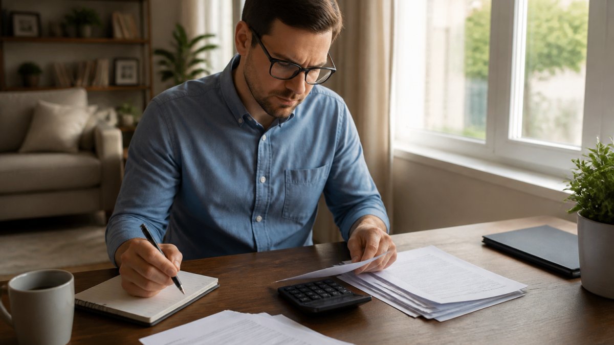 Parent sitting at a home office desk with a laptop, notepad, and calculator, reviewing family financial documents and planning for the future with natural morning light from the window