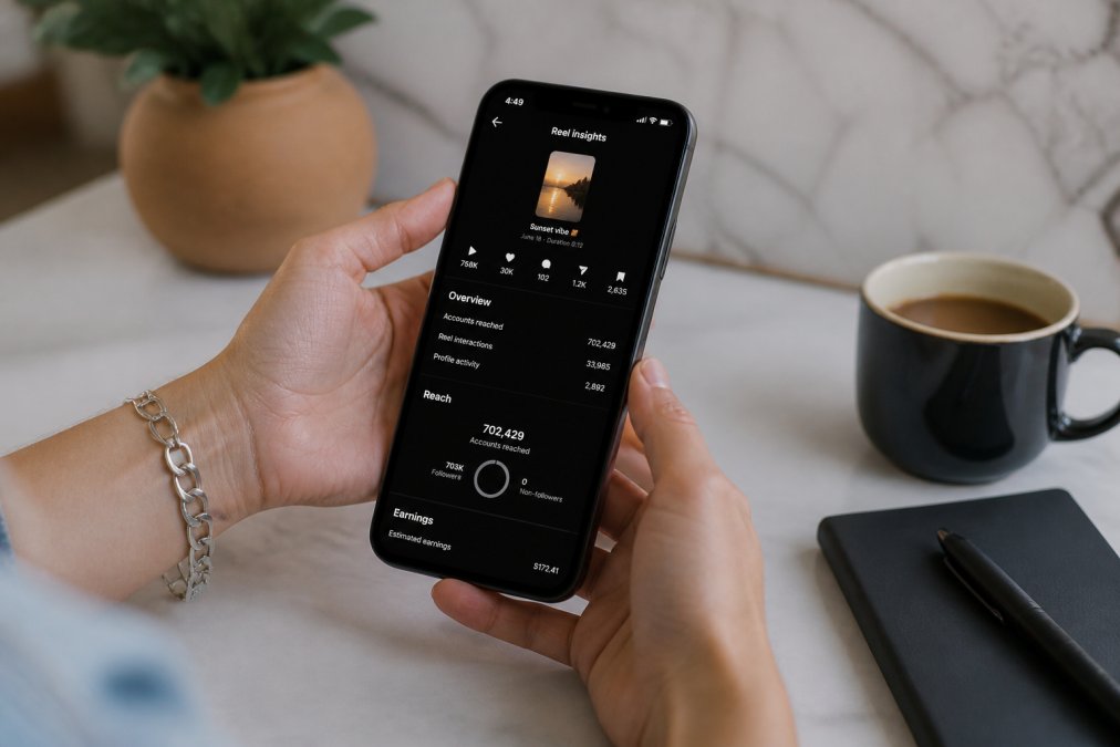 Smartphone screen showing Instagram Reels dashboard with view counts, engagement metrics, and creator earnings displayed in real-time analytics interface
