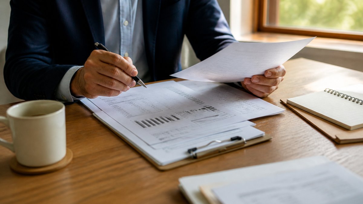 Professional reviewing retirement documents and financial statements at a wooden desk with a cup of coffee and notepad nearby, natural window lighting
