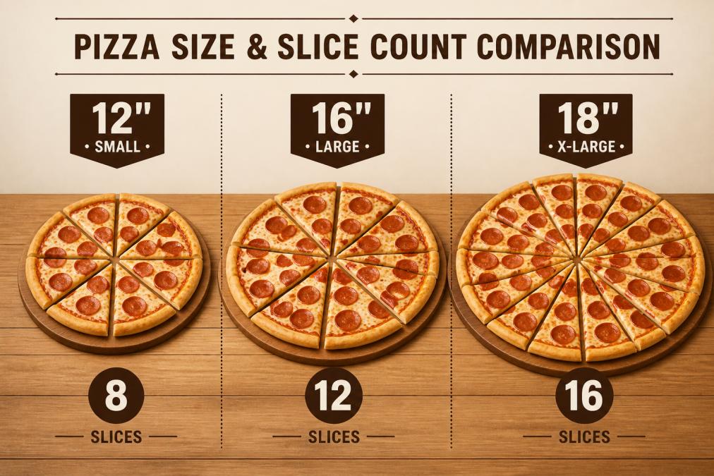 Three pizzas of different sizes arranged side by side on a wooden table with slices separated to show portion differences clearly, natural restaurant lighting