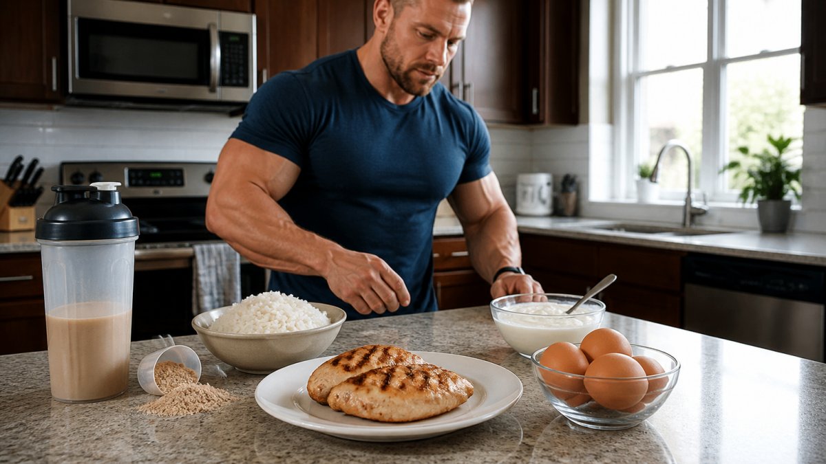 A lifter's kitchen counter with a grilled chicken breast, a bowl of rice, eggs, Greek yogurt, and a shaker bottle with protein powder, lit by natural window light
