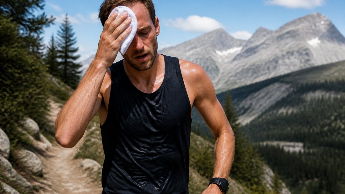 Endurance runner wiping sweat from their forehead on a sunny trail while training for their salt per hour needs.