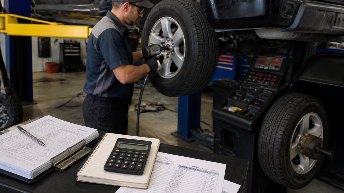 Professional technician mounting and balancing a tire on a vehicle lift in a modern auto shop, with pneumatic tools and computerized balancing equipment visible