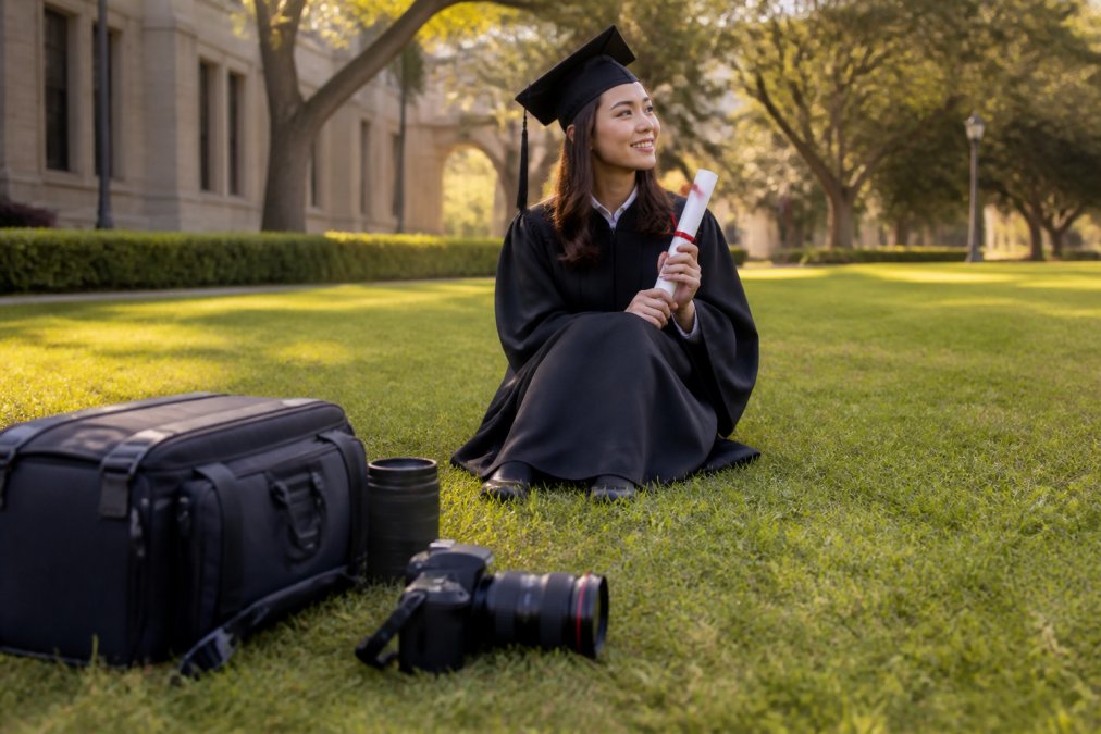 A university graduate in cap and gown posing outdoors on a campus lawn, golden afternoon light, holding a diploma, with a professional photographer's camera bag visible in the foreground