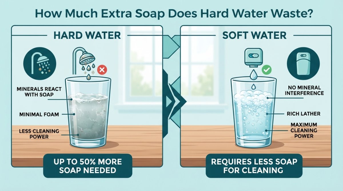 Two clear glasses side-by-side on a wooden kitchen table, one filled with cloudy, murky soapy water from hard water and the other with clear, bubbly, foamy water from soft water, natural window lighting