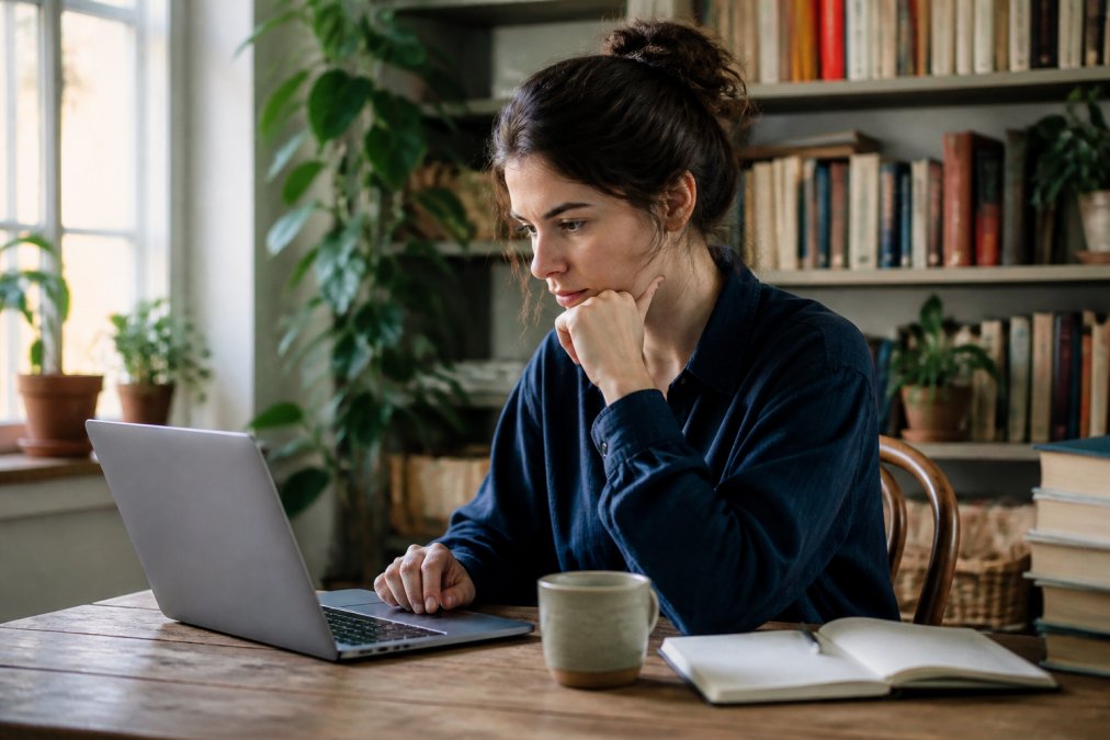 Writer at desk with laptop, notepad, and coffee, looking focused while reviewing text on screen in natural daylight