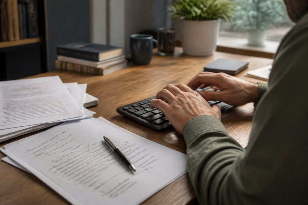 Author's hands typing on keyboard with manuscript pages and editing notes visible on desk beside the computer
