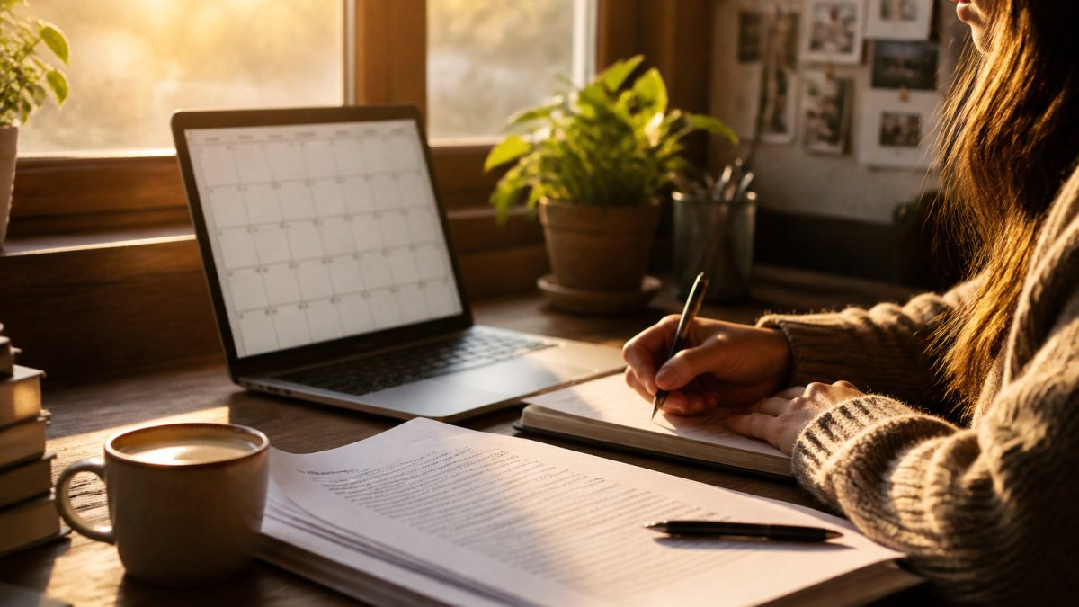 An independent author planning their weekly author outreach at a tidy desk by a window with coffee and a manuscript.
