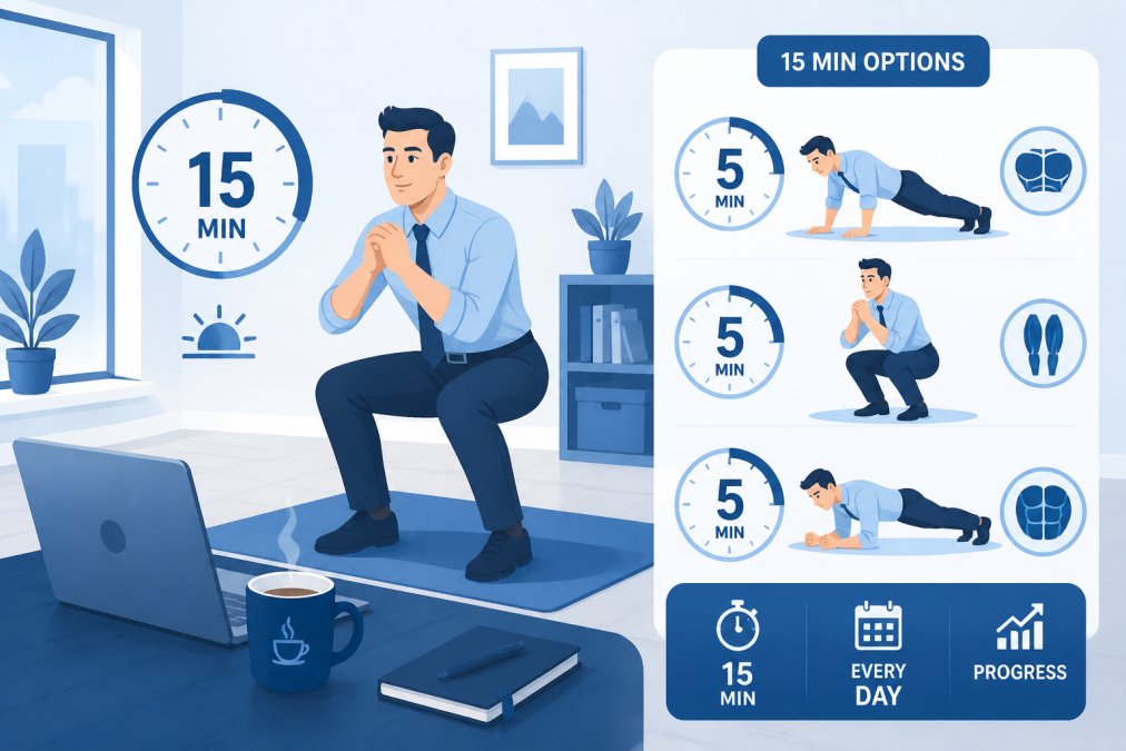 Busy professional in work clothes doing quick strength exercises at home in the morning with coffee mug and laptop visible nearby, showing time-efficient fitness in action