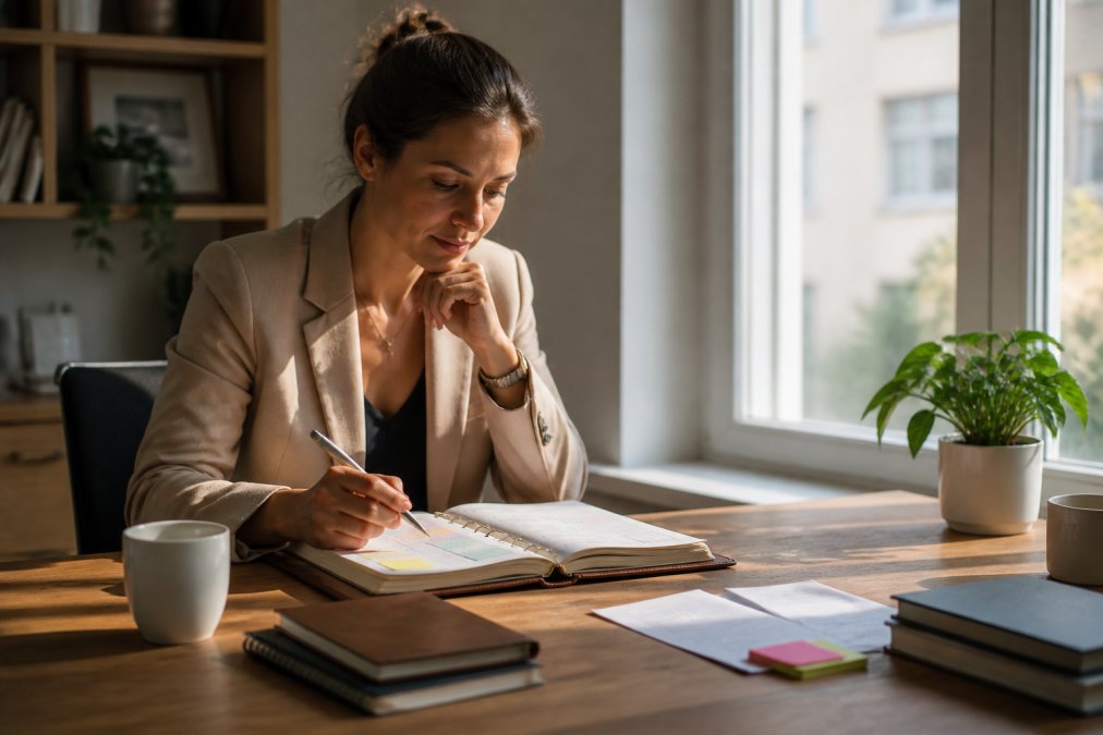 Busy professional at their desk in early morning light, with coffee cup and open planner, looking calm and focused whilst reviewing their daily routine