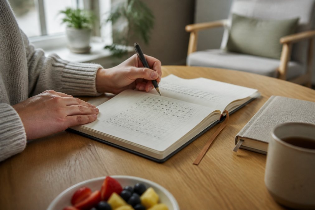 Close-up of hands writing in a habit tracker journal with progress marks and notes, calm home environment visible in background with natural light
