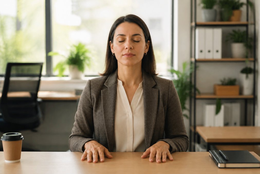 A professional sitting quietly at a clean desk with eyes closed, hands resting palms-down on the surface, soft warm natural light coming through a window behind them, conveying a brief midday meditation break in a calm office setting