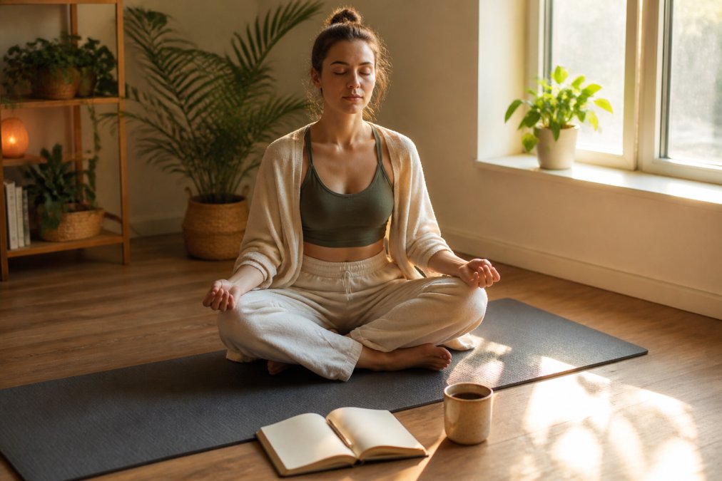 A person sitting cross-legged on a yoga mat in a tidy home corner, warm morning light streaming through a nearby window, a small journal and a cup of tea resting beside them on a wooden floor, representing a calm and established daily meditation habit