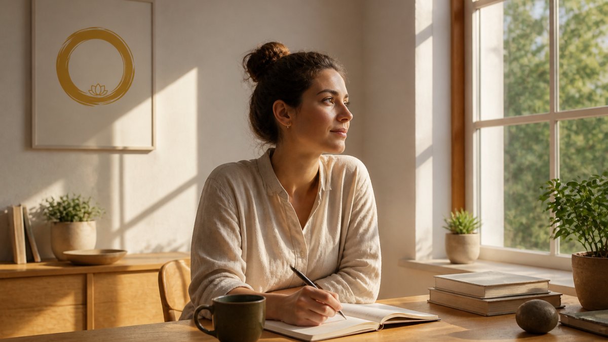 Person sitting peacefully at a desk with a journal and coffee cup, morning sunlight streaming through a window, calm and focused expression